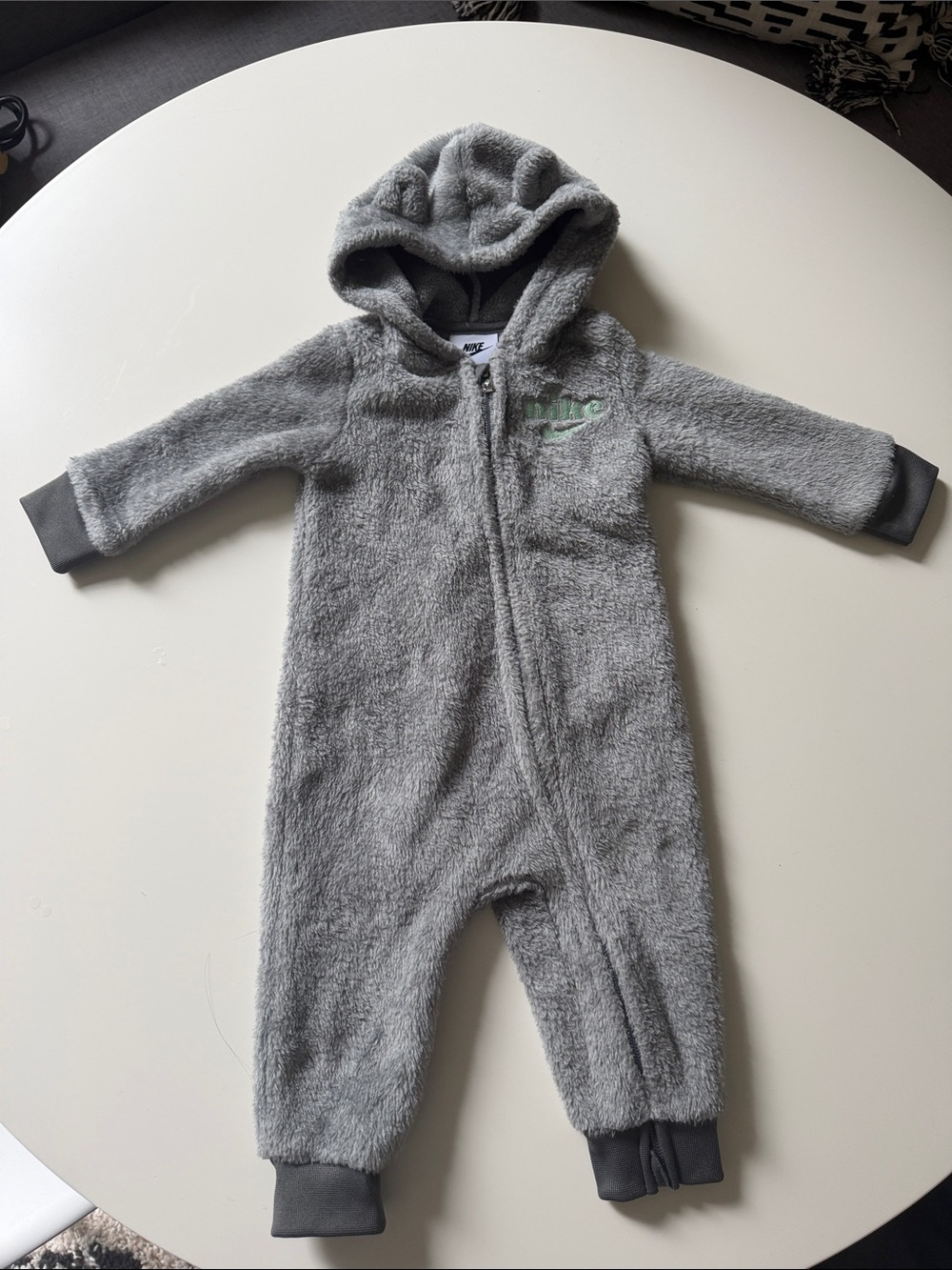 Nike Gray Plush Hooded Baby Footed One-Piece